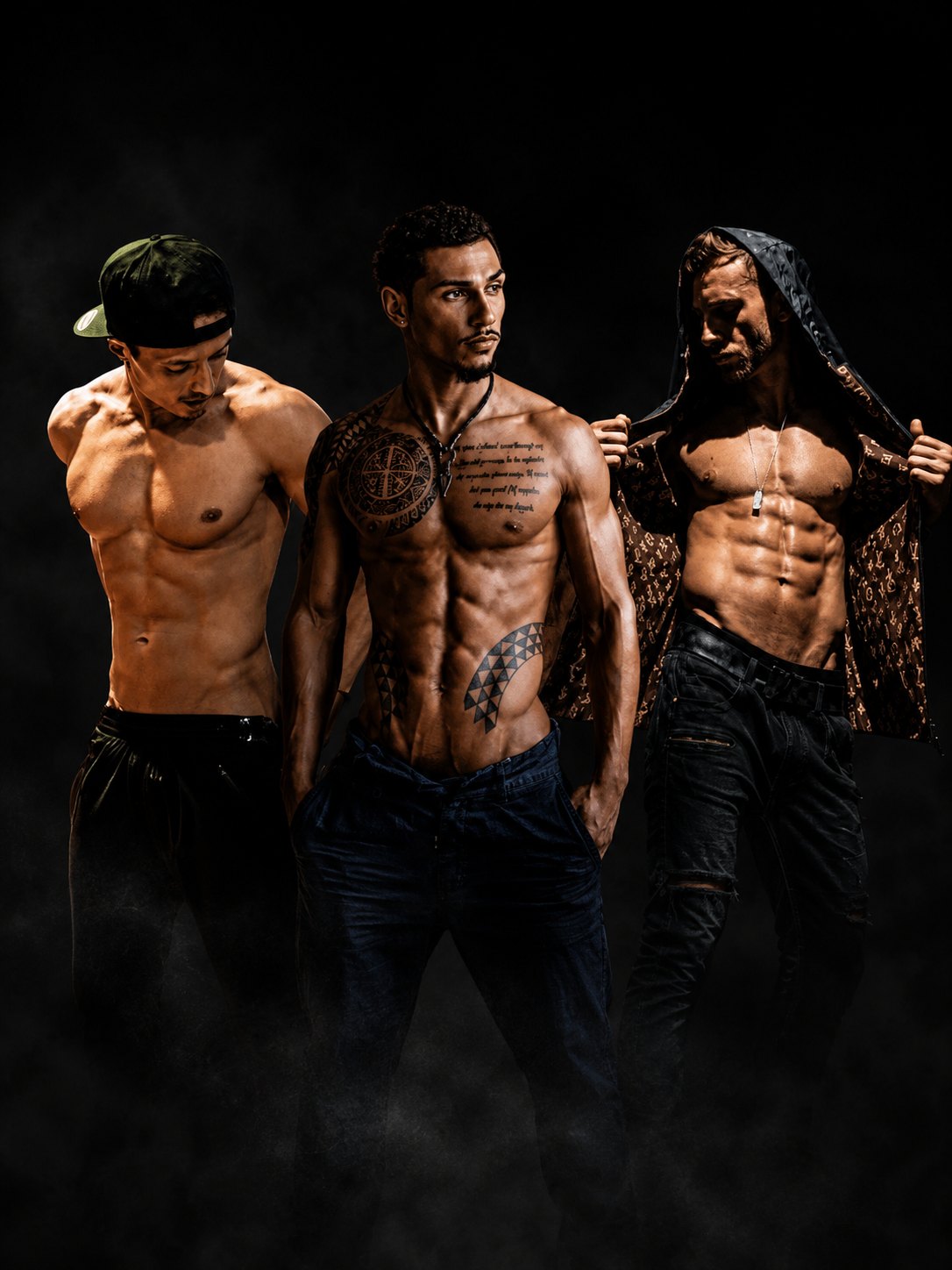 Three Men of Eros performers in a dark studio composition